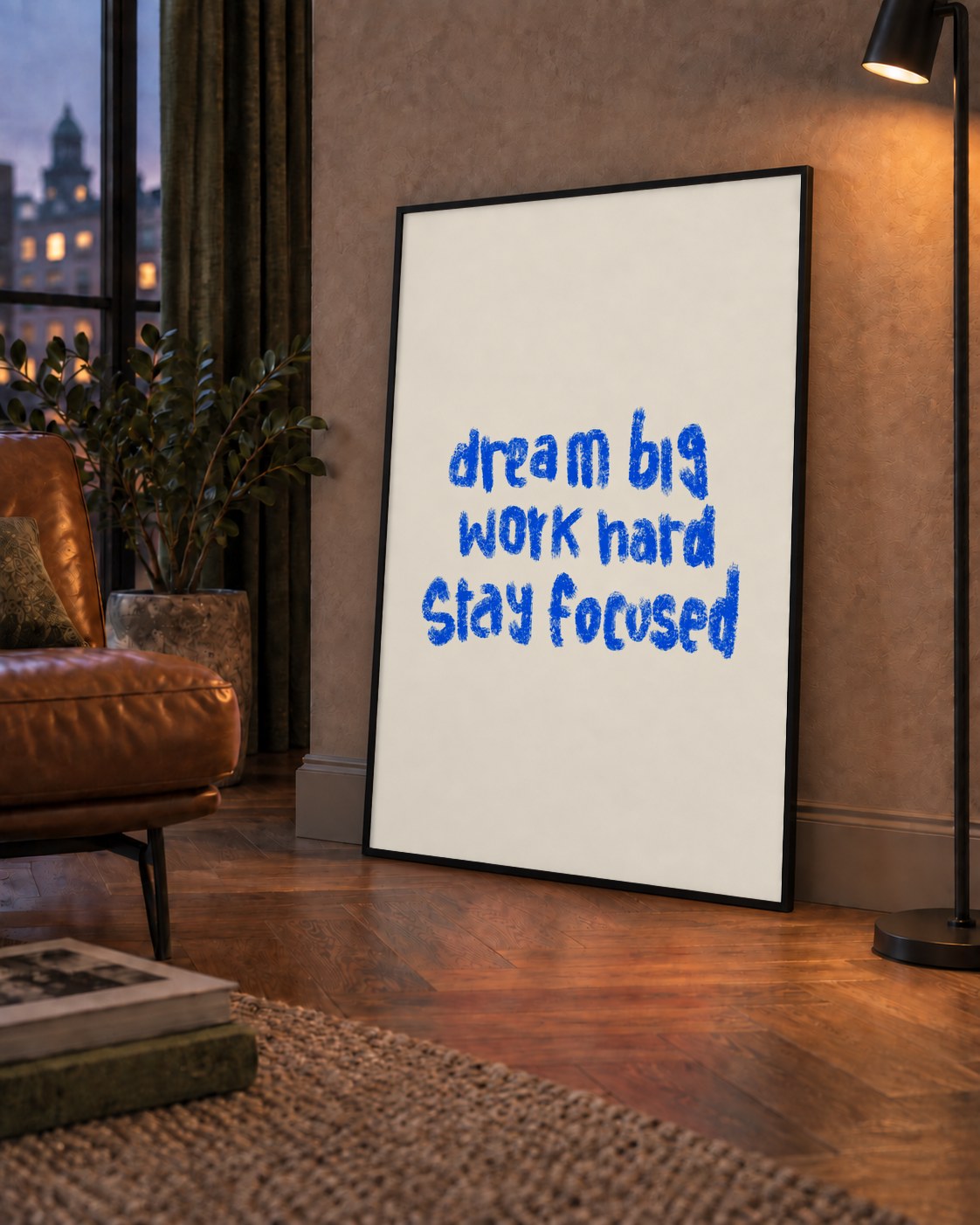 Dream Big Work Hard Poster – İlham Verici Modern Duvar Yazısı — çerçeveli hâliyle bir ev duvarında