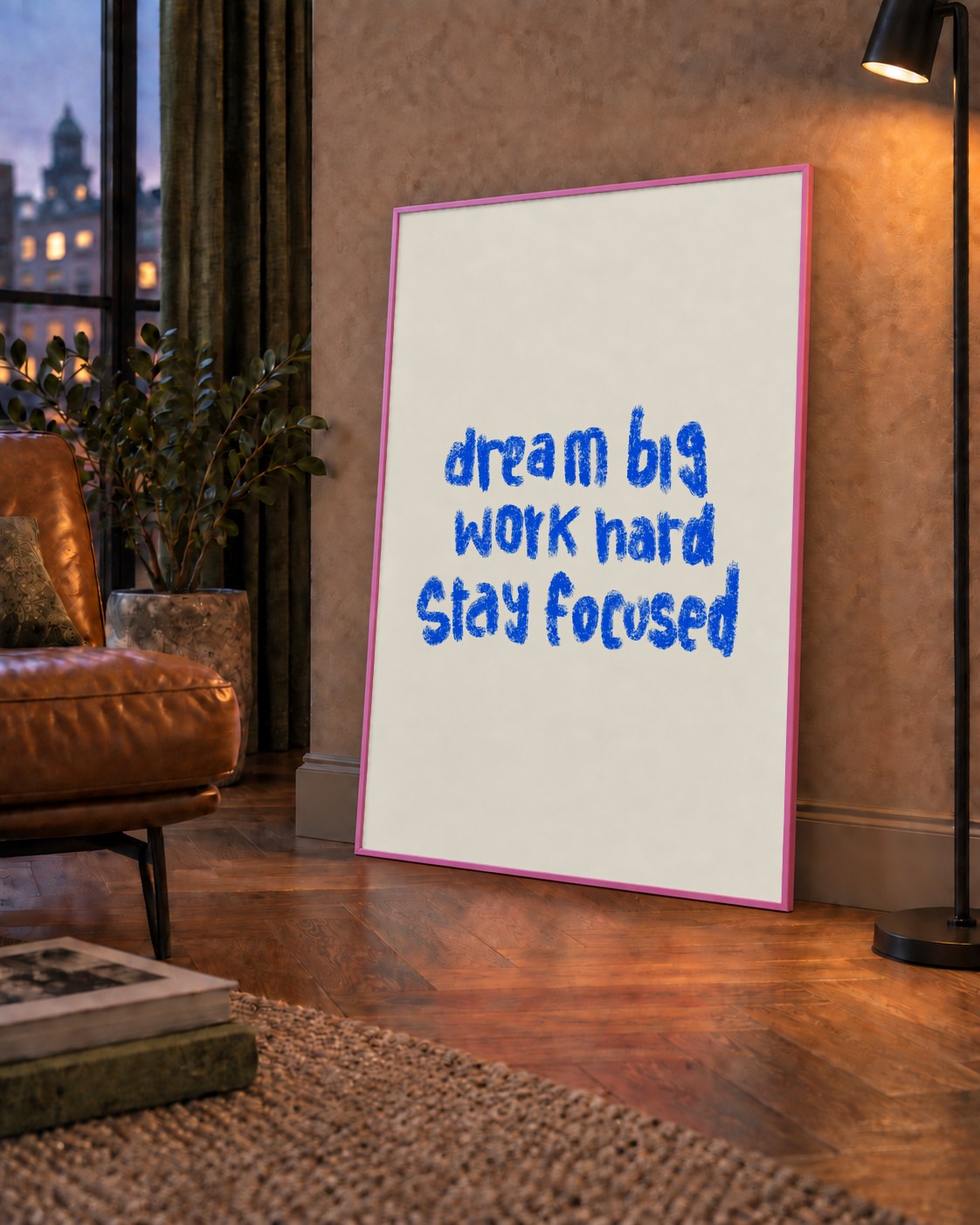 Dream Big Work Hard Poster – İlham Verici Modern Duvar Yazısı — çerçeveli hâliyle bir ev duvarında