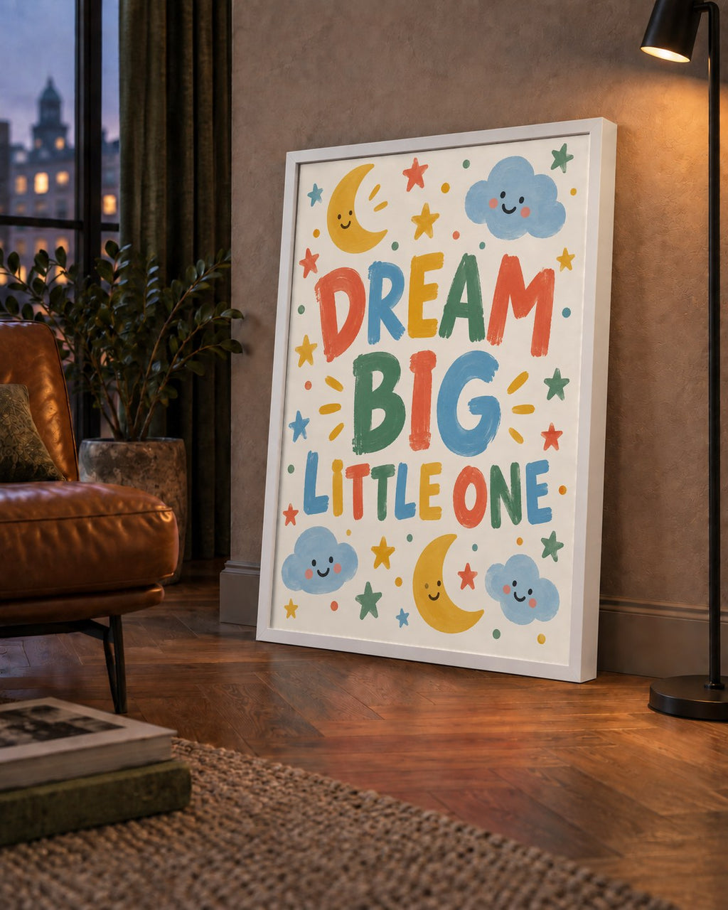 Dream Big Little One — çerçeveli hâliyle bir ev duvarında