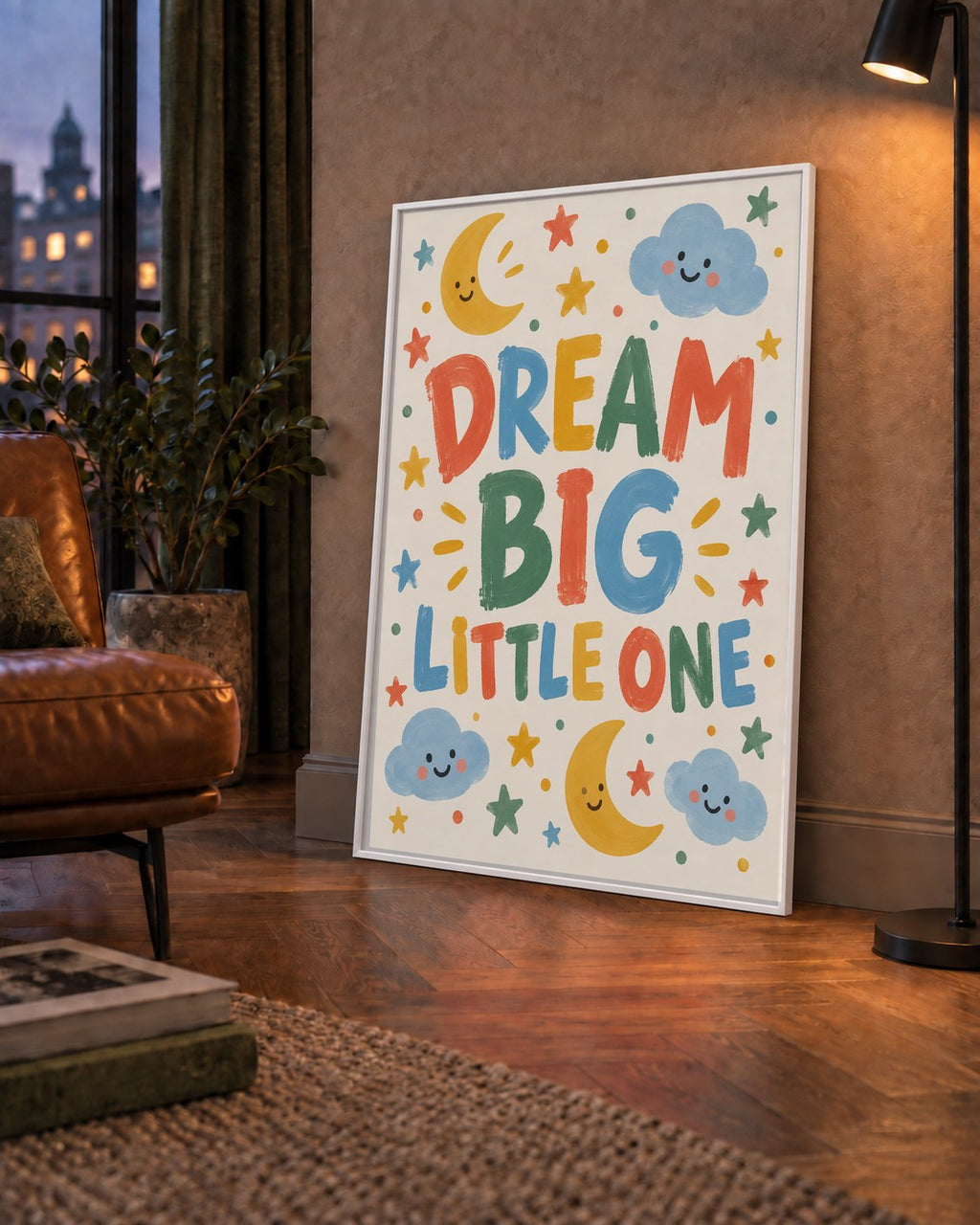 Dream Big Little One — çerçeveli hâliyle bir ev duvarında