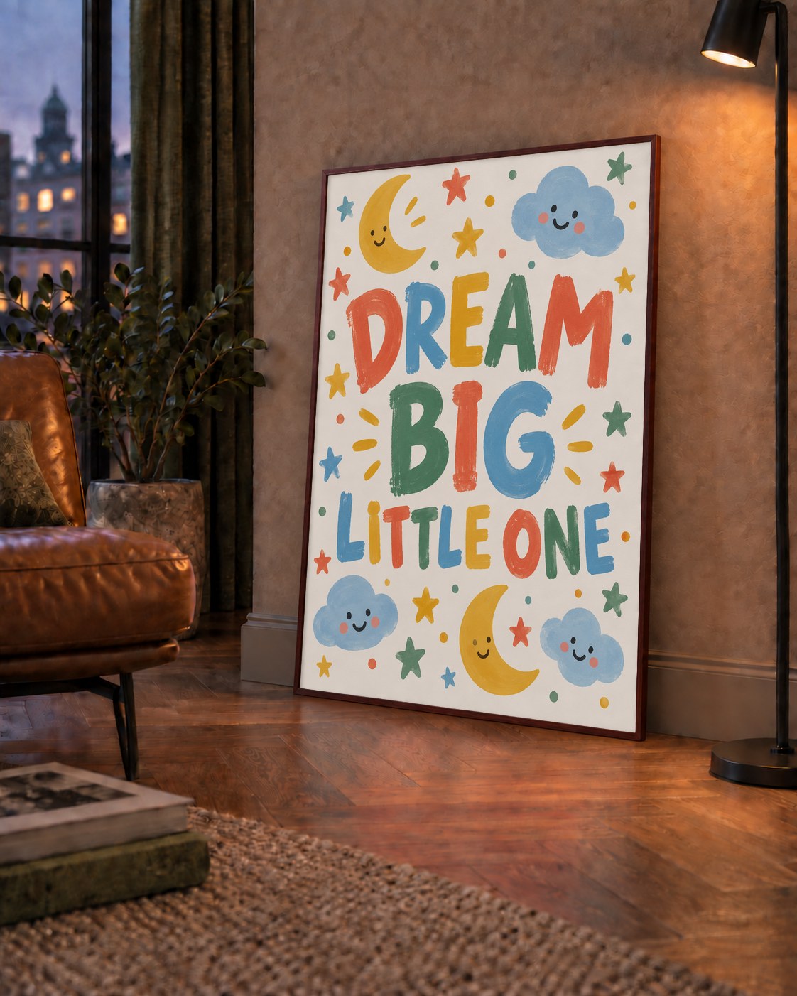 Dream Big Little One — çerçeveli hâliyle bir ev duvarında