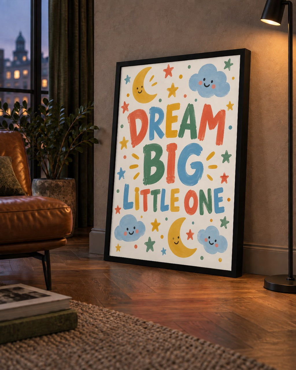 Dream Big Little One — çerçeveli hâliyle bir ev duvarında