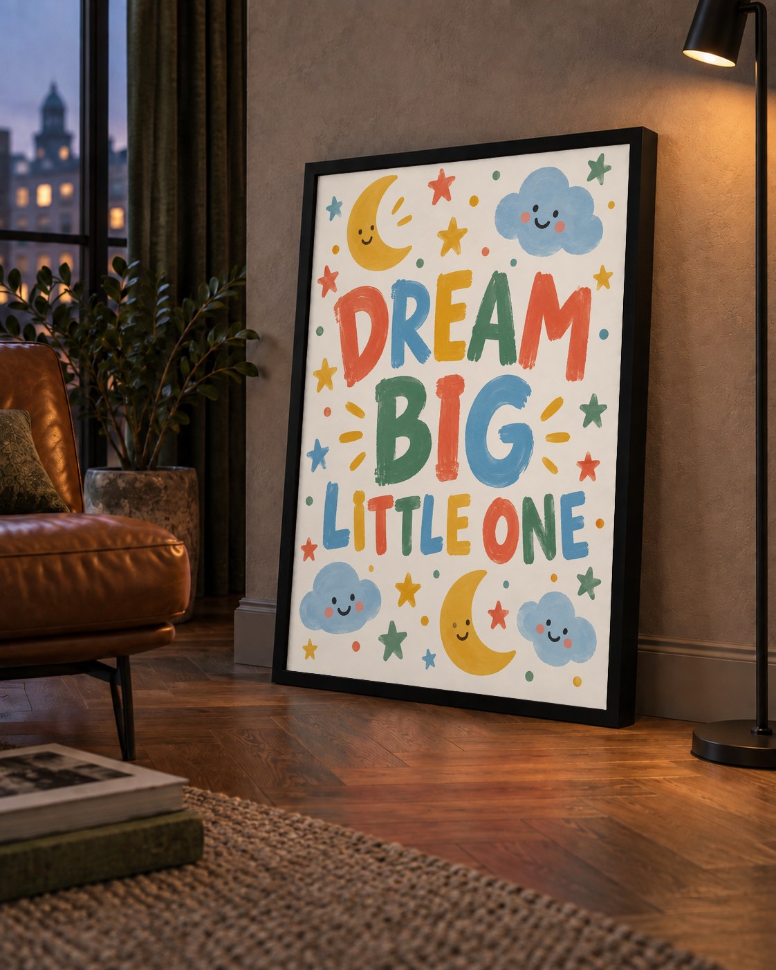 Dream Big Little One — çerçeveli hâliyle bir ev duvarında