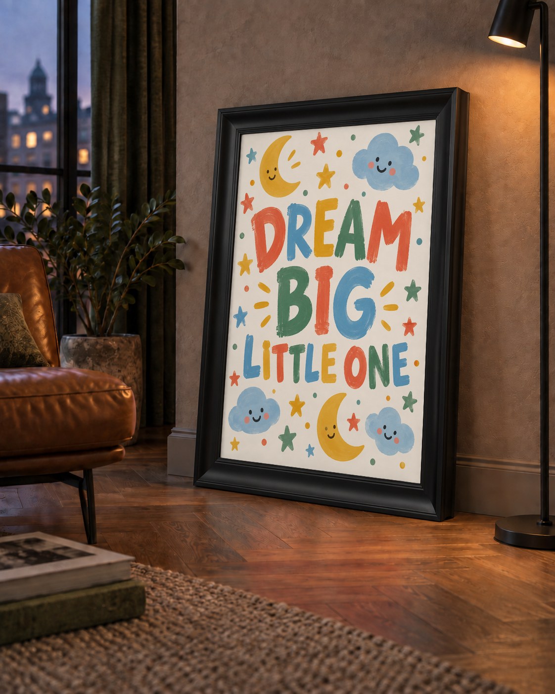Dream Big Little One — çerçeveli hâliyle bir ev duvarında