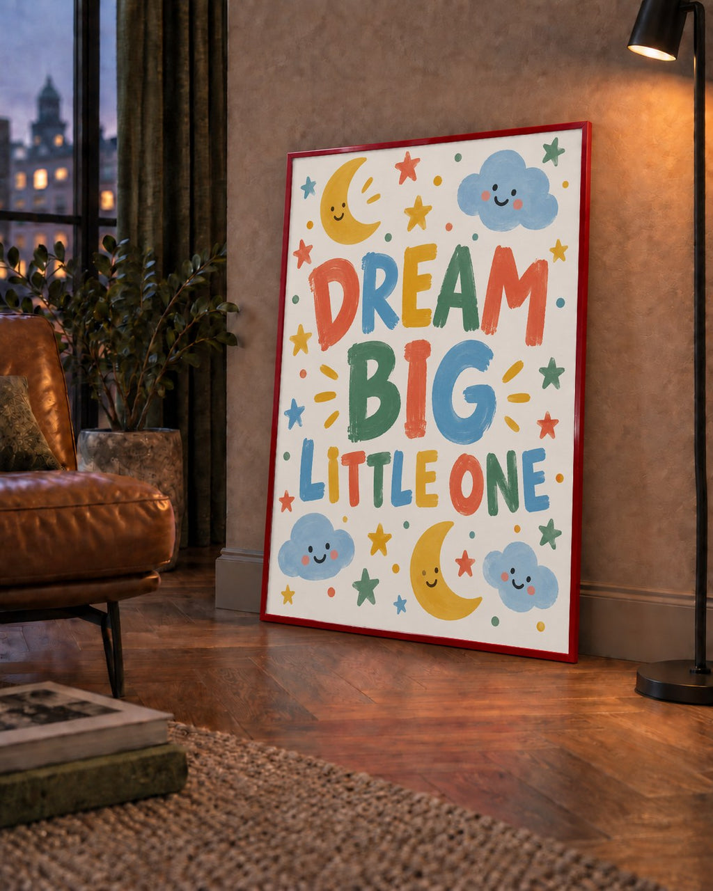 Dream Big Little One — çerçeveli hâliyle bir ev duvarında