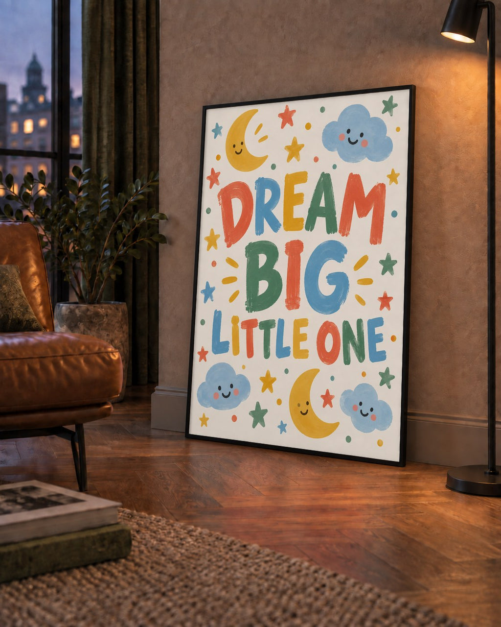 Dream Big Little One — çerçeveli hâliyle bir ev duvarında