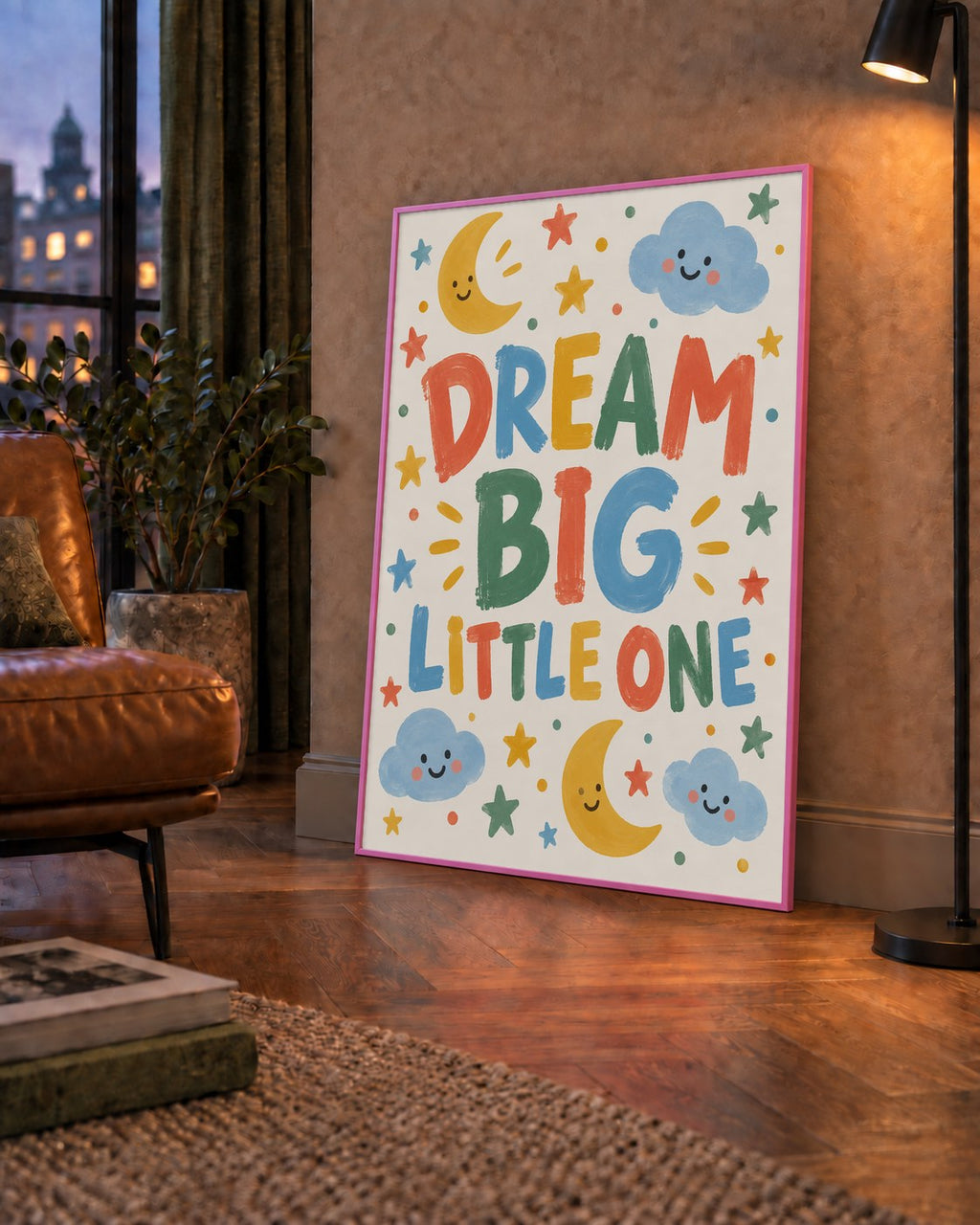 Dream Big Little One — çerçeveli hâliyle bir ev duvarında