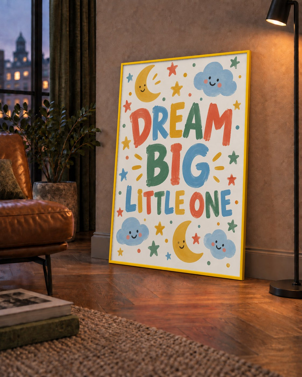 Dream Big Little One — çerçeveli hâliyle bir ev duvarında