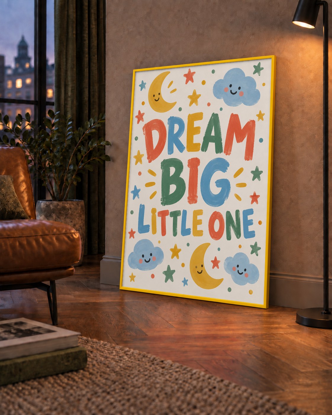 Dream Big Little One — çerçeveli hâliyle bir ev duvarında