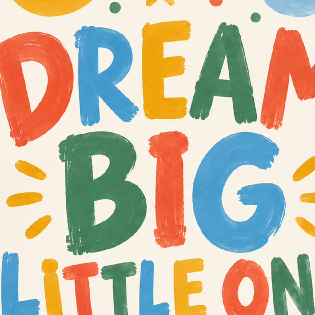 Renkli Çocuk Posteri: DREAM BIG LITTLE ONE Yazılı Duvar Dekoru — baskının yakın çekimi, kâğıt dokusu ve renk detayı