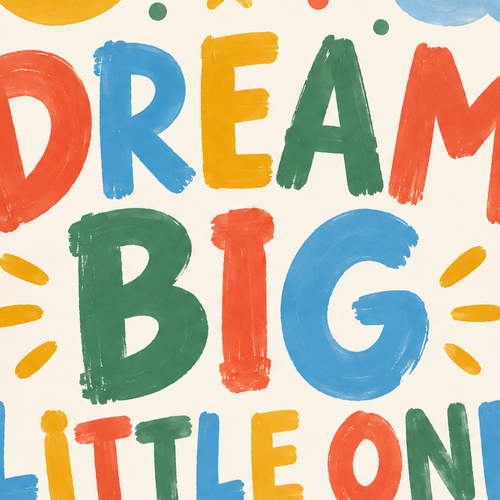 Renkli Çocuk Posteri: DREAM BIG LITTLE ONE Yazılı Duvar Dekoru — baskının yakın çekimi, kâğıt dokusu ve renk detayı