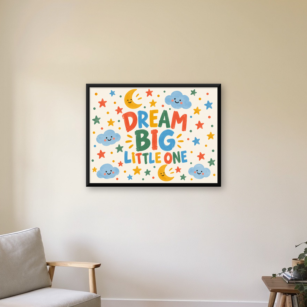Renkli Çocuk Posteri: DREAM BIG LITTLE ONE Yazılı Duvar Dekoru — Yatay baskı, çerçeveli hâliyle bir ev duvarında