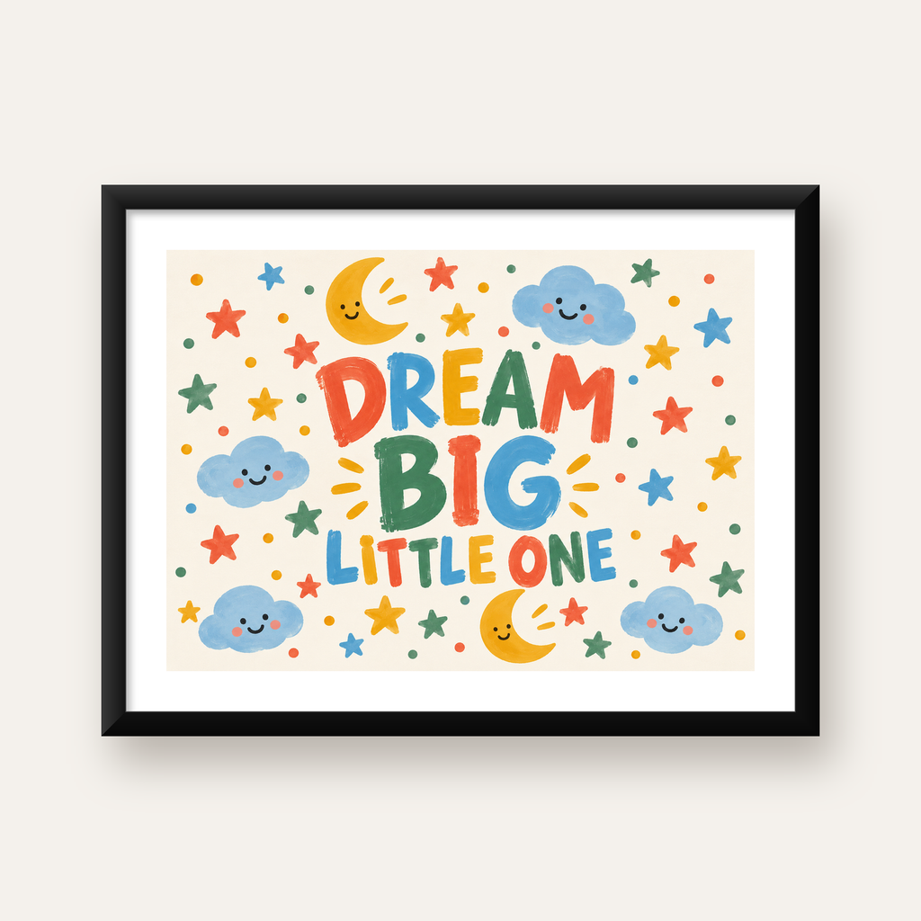 Renkli Çocuk Posteri: DREAM BIG LITTLE ONE Yazılı Duvar Dekoru — Yatay baskı, beyaz kenar boşluklu