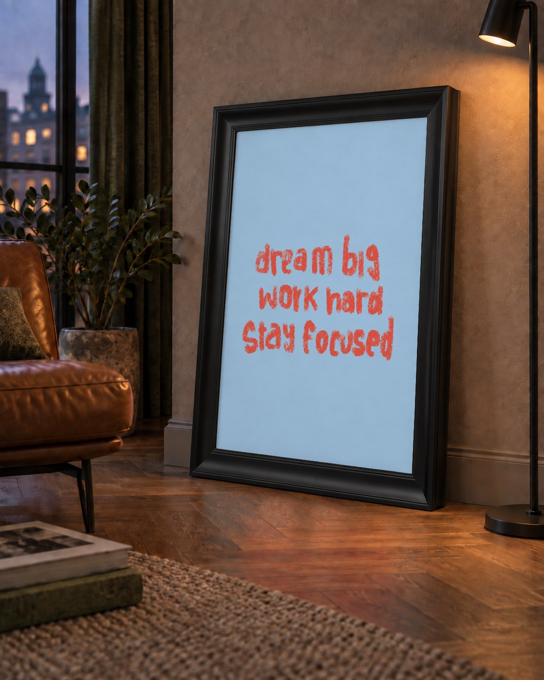 Dream Big Work Hard Posteri – Motive Edici Modern Duvar Dekoru — çerçeveli hâliyle bir ev duvarında