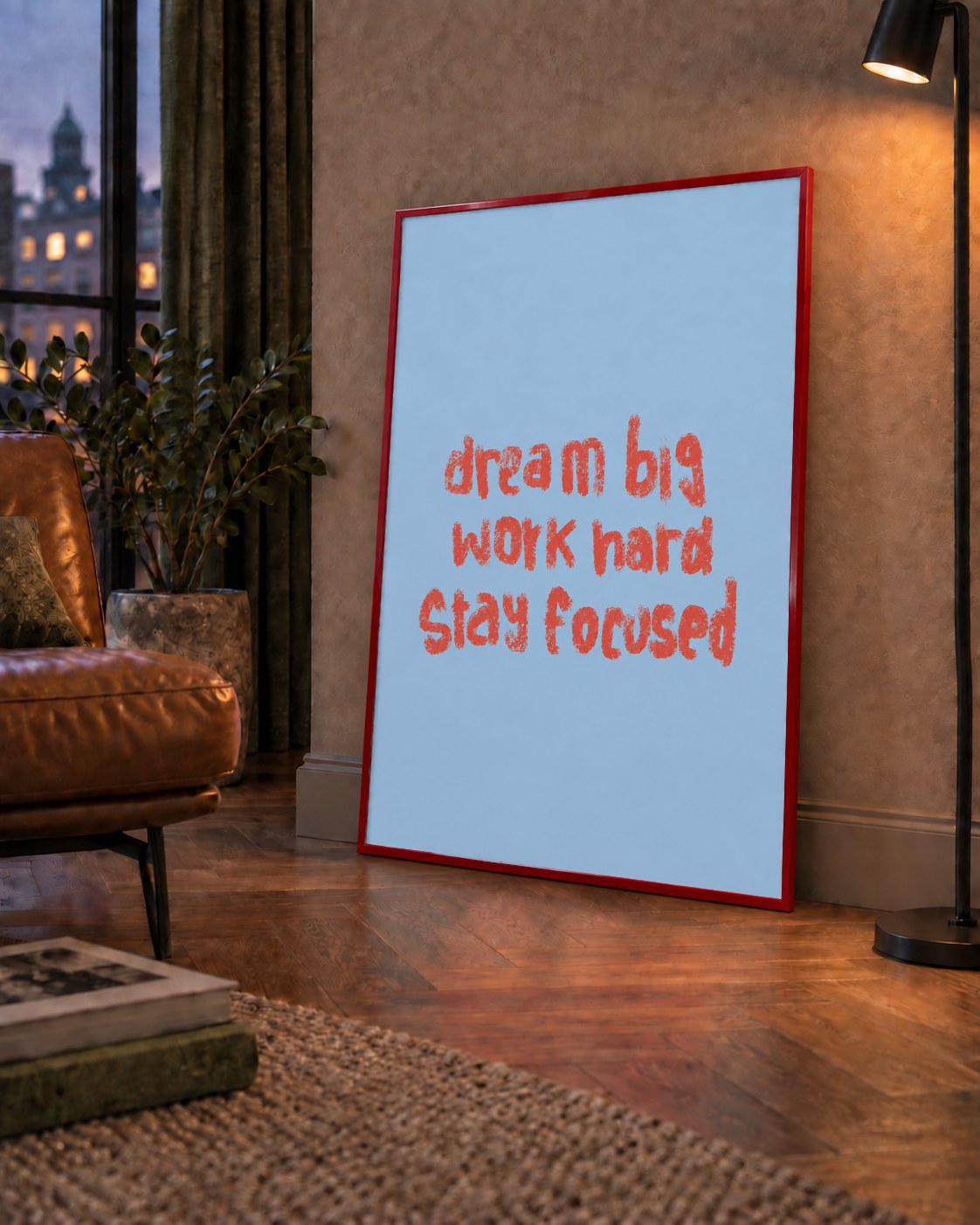 Dream Big Work Hard Posteri – Motive Edici Modern Duvar Dekoru — çerçeveli hâliyle bir ev duvarında