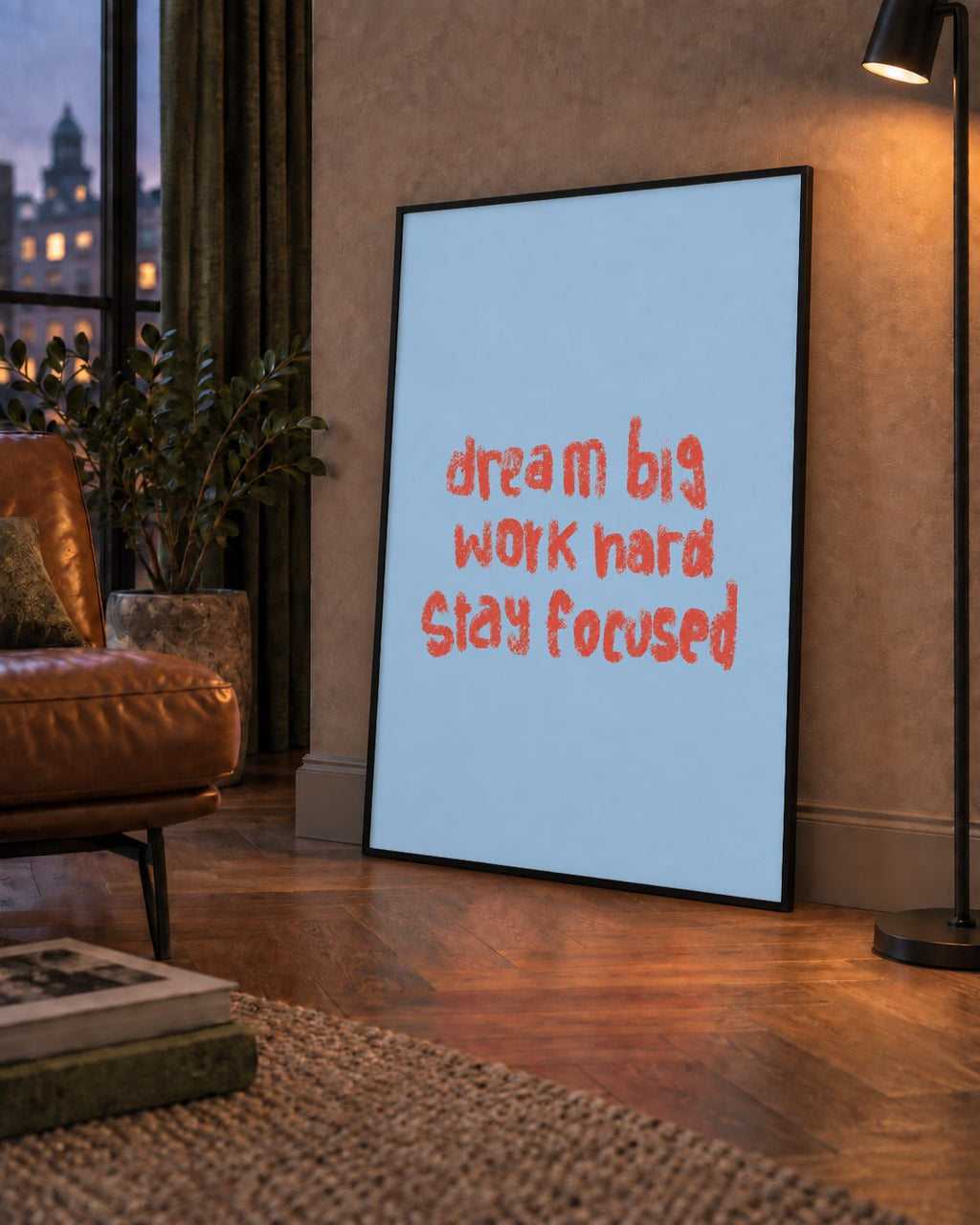 Dream Big Work Hard Posteri – Motive Edici Modern Duvar Dekoru — çerçeveli hâliyle bir ev duvarında