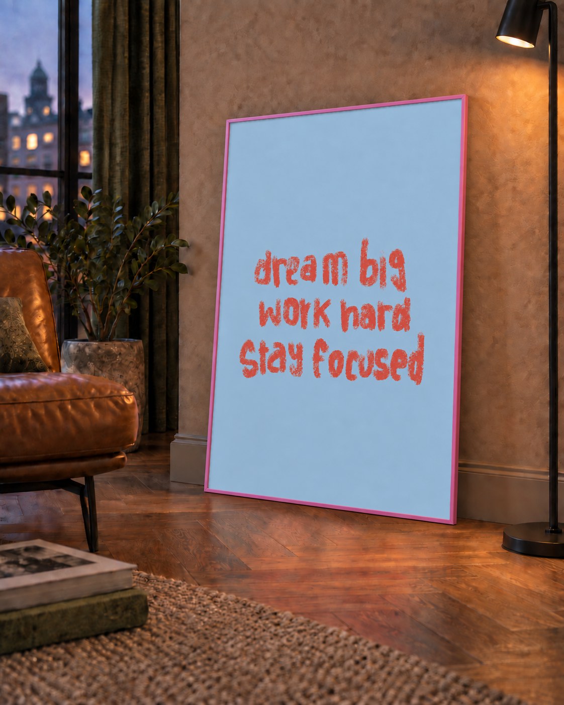 Dream Big Work Hard Posteri – Motive Edici Modern Duvar Dekoru — çerçeveli hâliyle bir ev duvarında