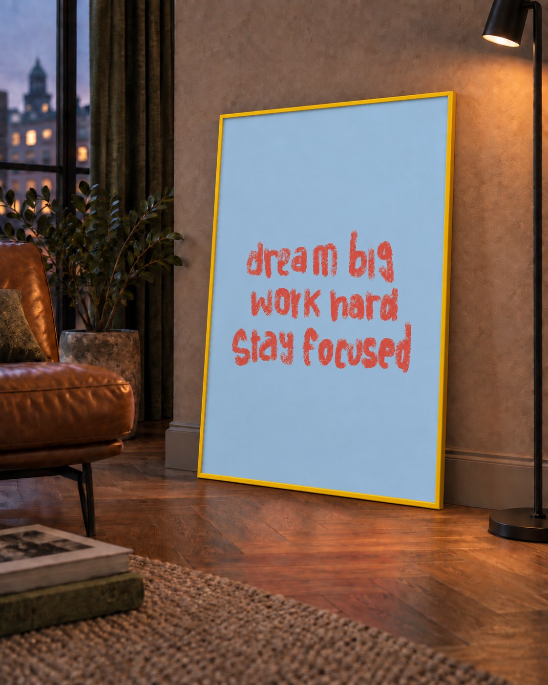 Dream Big Work Hard Posteri – Motive Edici Modern Duvar Dekoru — çerçeveli hâliyle bir ev duvarında