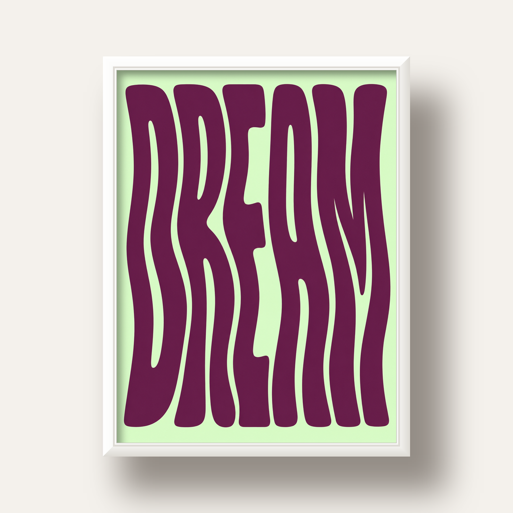 Retro Psychedelic DREAM Yazılı Modern Poster, Büyük Boy — beyaz derin çerçeveli
