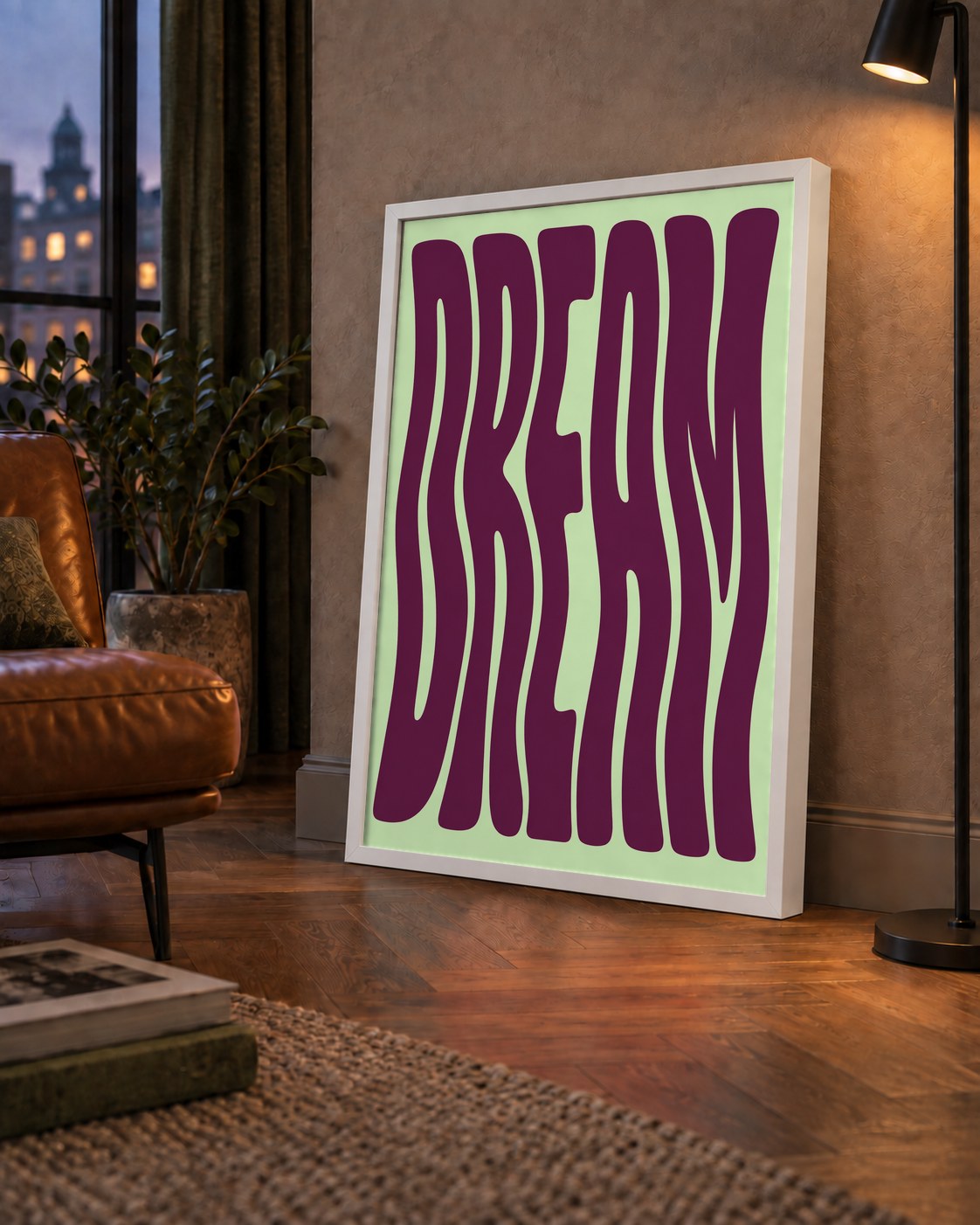 Retro Psychedelic DREAM Yazılı Modern Poster, Büyük Boy — çerçeveli hâliyle bir ev duvarında