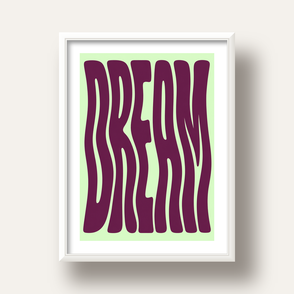 Retro Psychedelic DREAM Yazılı Modern Poster, Büyük Boy — beyaz derin çerçeveli paspartulu