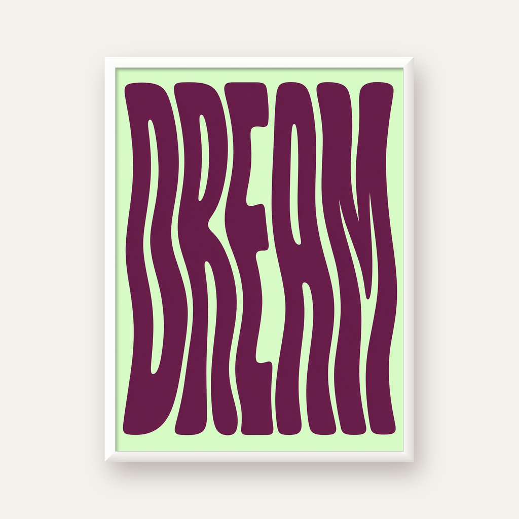 Retro Psychedelic DREAM Yazılı Modern Poster, Büyük Boy — beyaz çerçeveli dikey poster