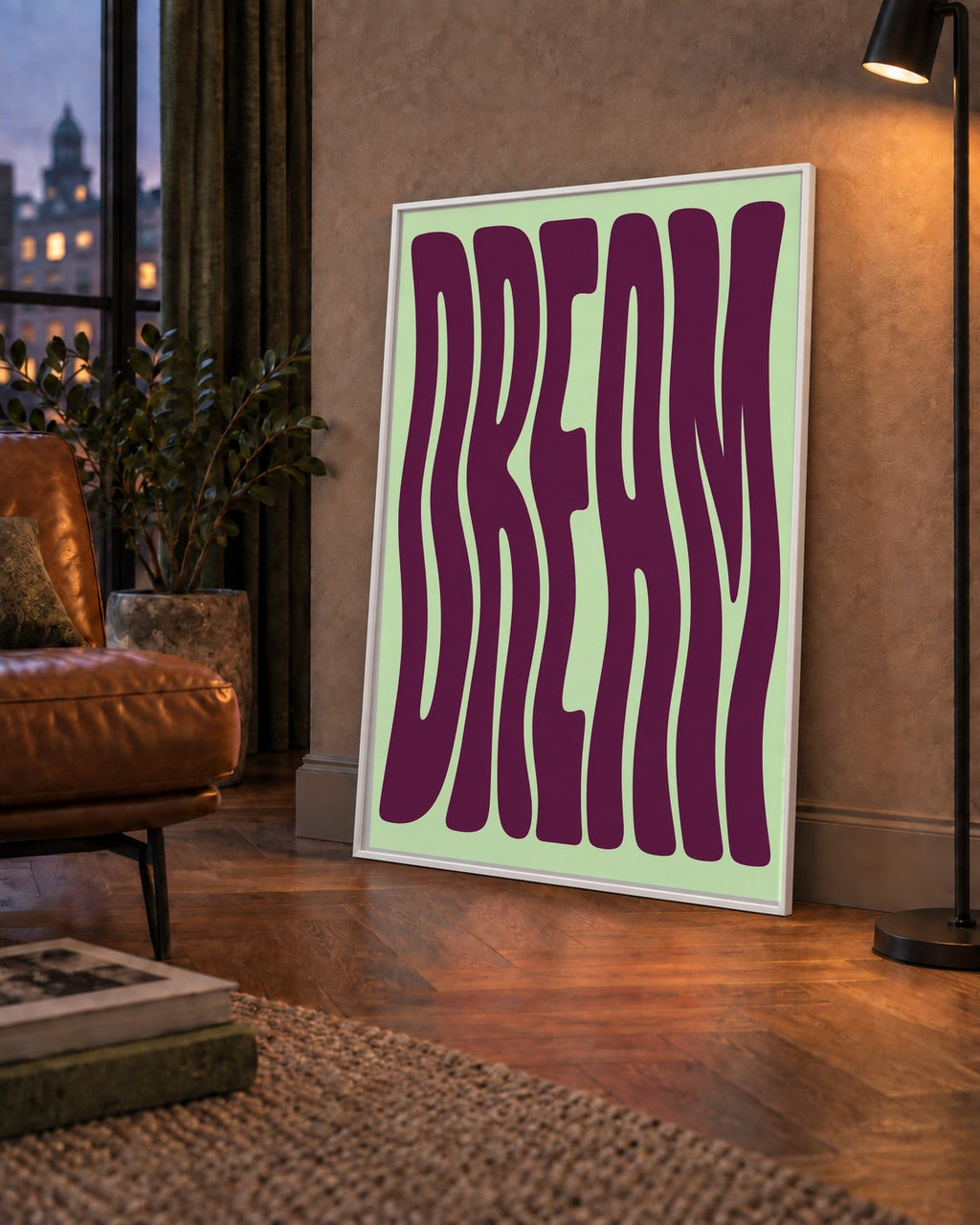 Retro Psychedelic DREAM Yazılı Modern Poster, Büyük Boy — çerçeveli hâliyle bir ev duvarında