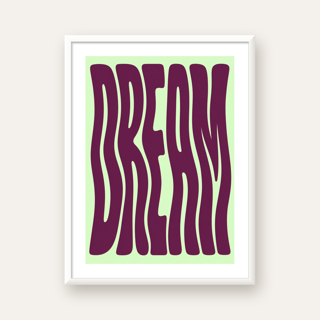 Retro Psychedelic DREAM Yazılı Modern Poster, Büyük Boy — beyaz çerçeveli dikey poster
