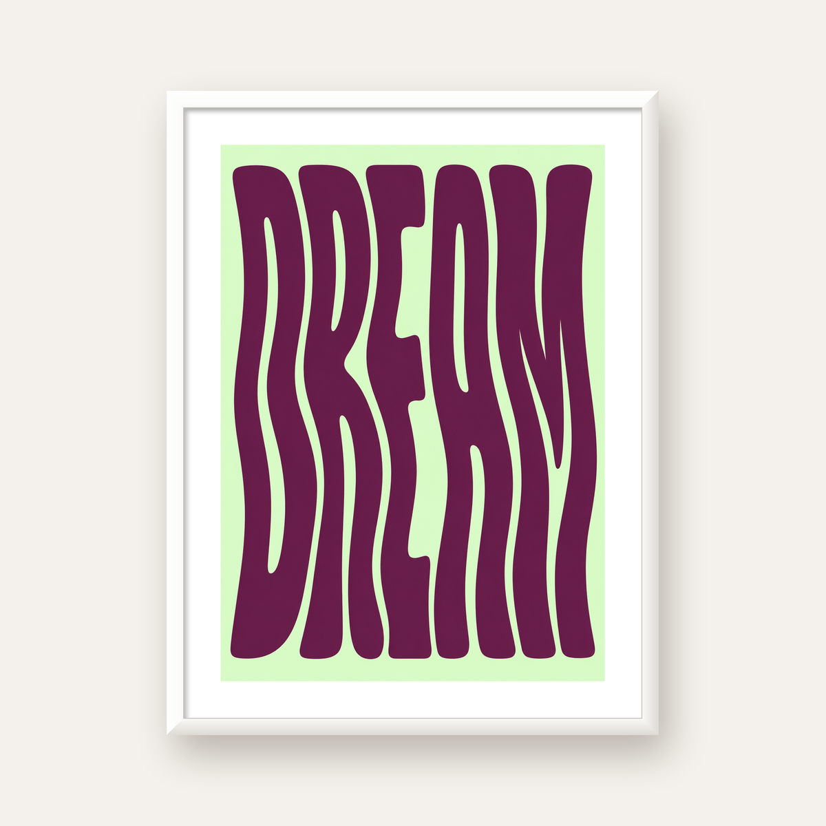 Retro Psychedelic DREAM Yazılı Modern Poster, Büyük Boy — beyaz çerçeveli dikey poster