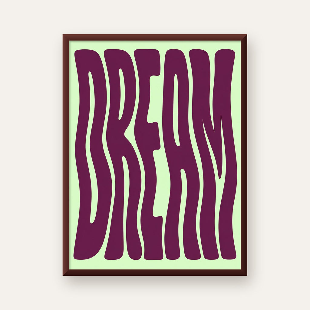 Retro Psychedelic DREAM Yazılı Modern Poster, Büyük Boy — ceviz çerçeveli