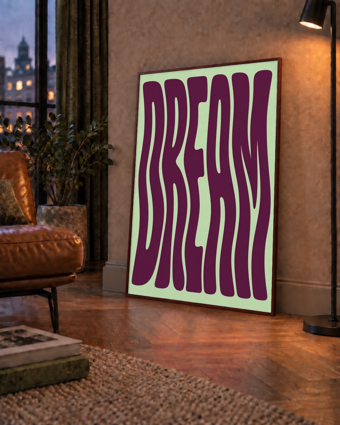 Retro Psychedelic DREAM Yazılı Modern Poster, Büyük Boy — çerçeveli hâliyle bir ev duvarında