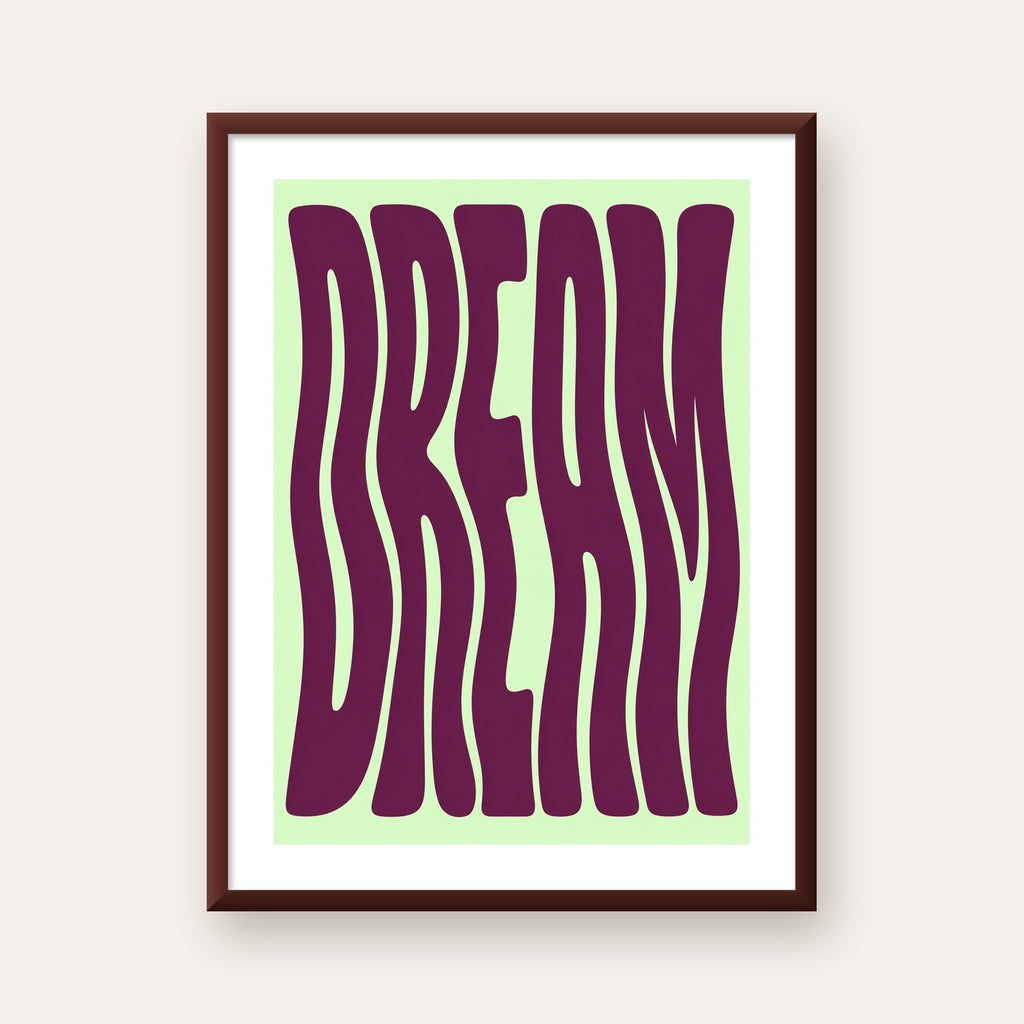 Retro Psychedelic DREAM Yazılı Modern Poster, Büyük Boy — ceviz çerçeveli paspartulu