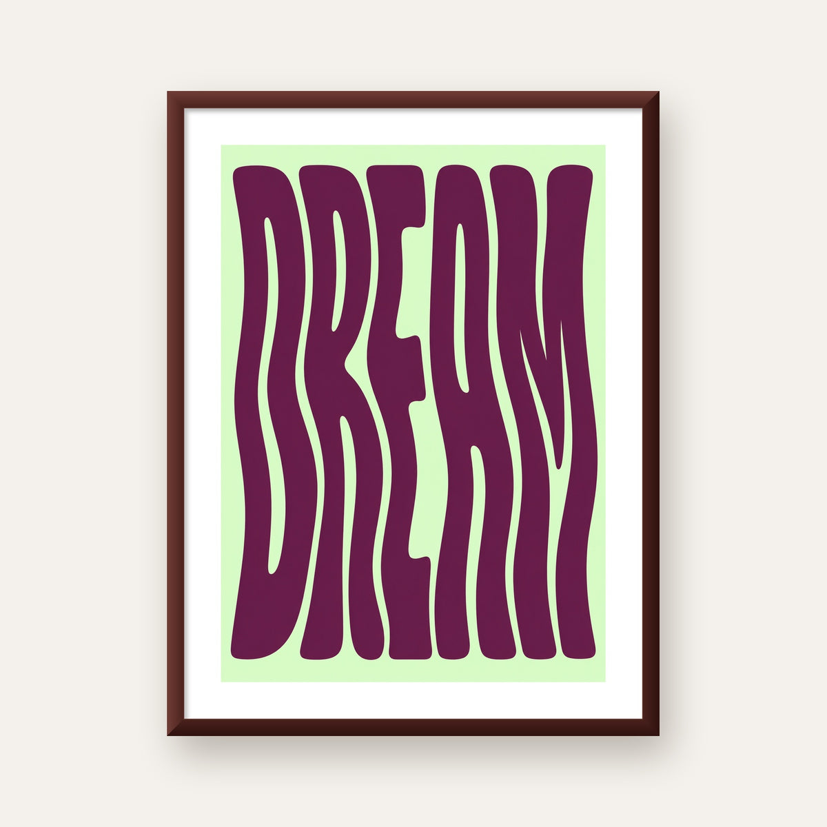 Retro Psychedelic DREAM Yazılı Modern Poster, Büyük Boy — ceviz çerçeveli paspartulu