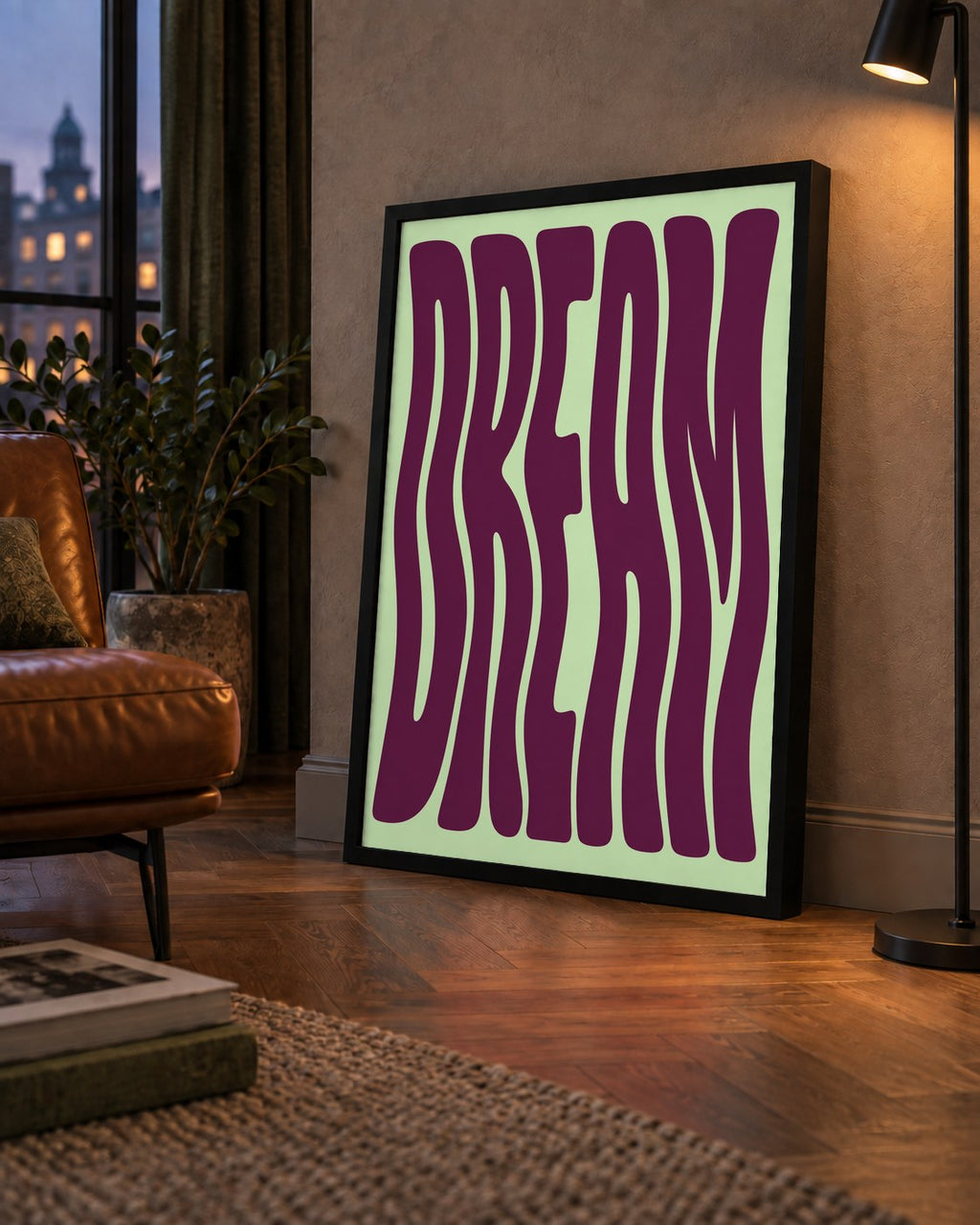 Retro Psychedelic DREAM Yazılı Modern Poster, Büyük Boy — çerçeveli hâliyle bir ev duvarında