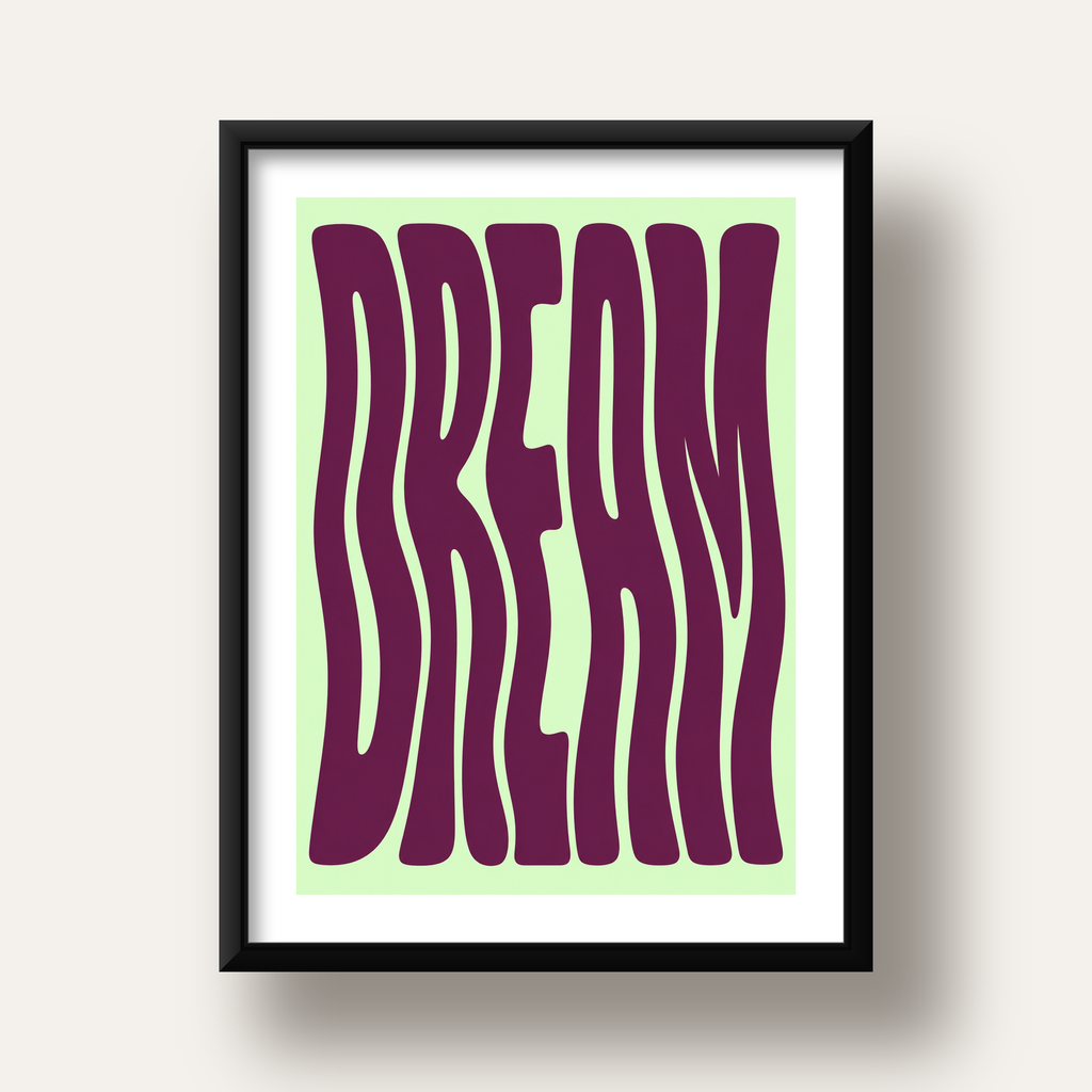 Retro Psychedelic DREAM Yazılı Modern Poster, Büyük Boy — siyah derin çerçeveli paspartulu