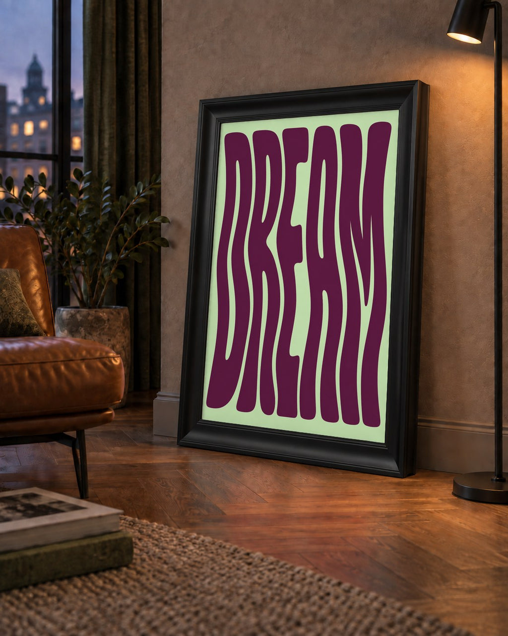 Retro Psychedelic DREAM Yazılı Modern Poster, Büyük Boy — çerçeveli hâliyle bir ev duvarında