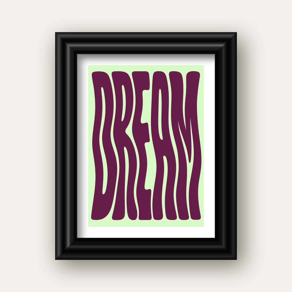 Retro Psychedelic DREAM Yazılı Modern Poster, Büyük Boy — siyah galeri çerçeveli paspartulu