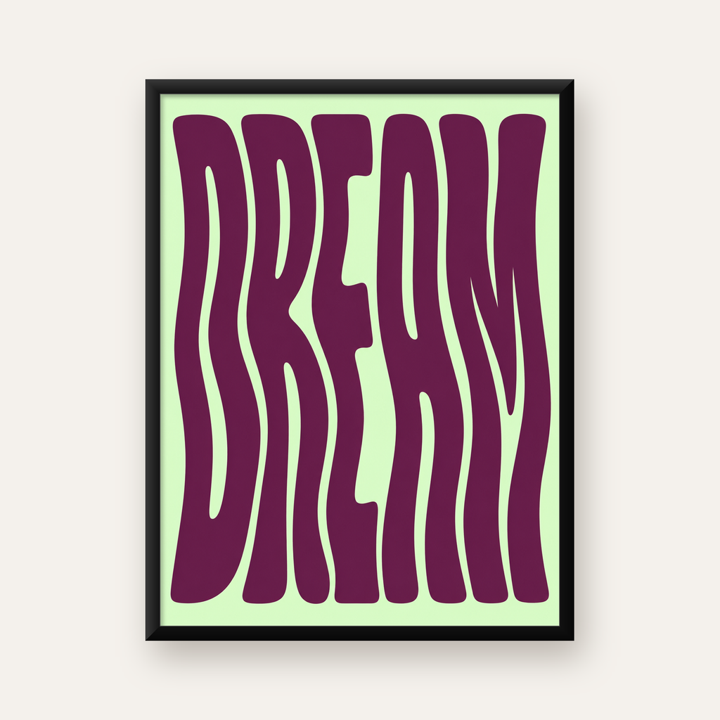 Retro Psychedelic DREAM Yazılı Modern Poster, Büyük Boy — Dikey baskı, düz siyah çerçeveli duvar posteri
