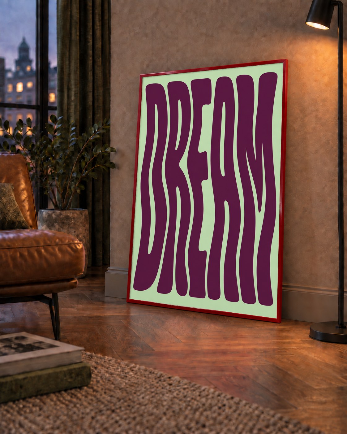 Retro Psychedelic DREAM Yazılı Modern Poster, Büyük Boy — çerçeveli hâliyle bir ev duvarında