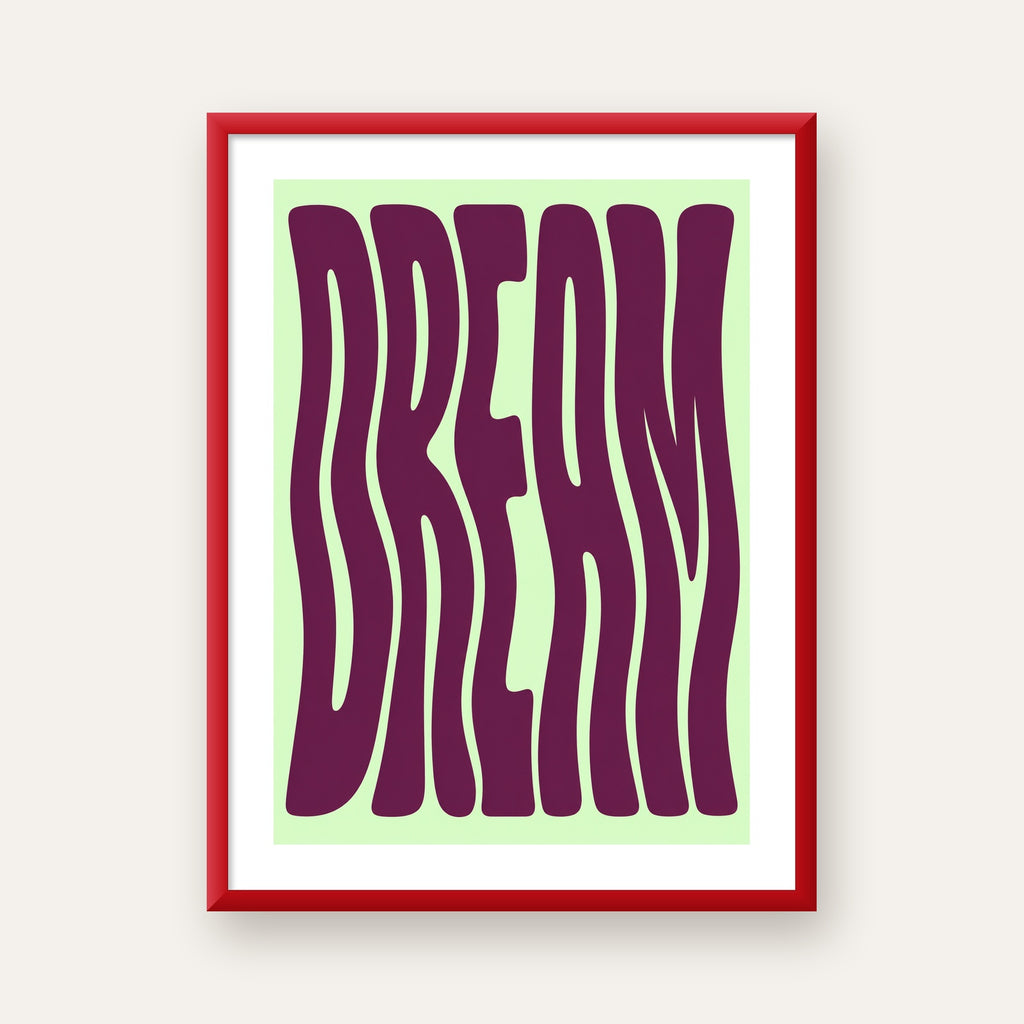 Retro Psychedelic DREAM Yazılı Modern Poster, Büyük Boy — kırmızı çerçeveli paspartulu