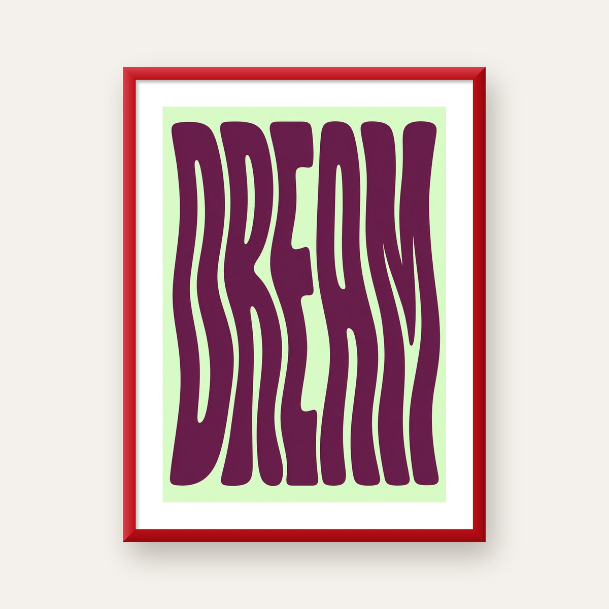 Retro Psychedelic DREAM Yazılı Modern Poster, Büyük Boy — kırmızı çerçeveli paspartulu