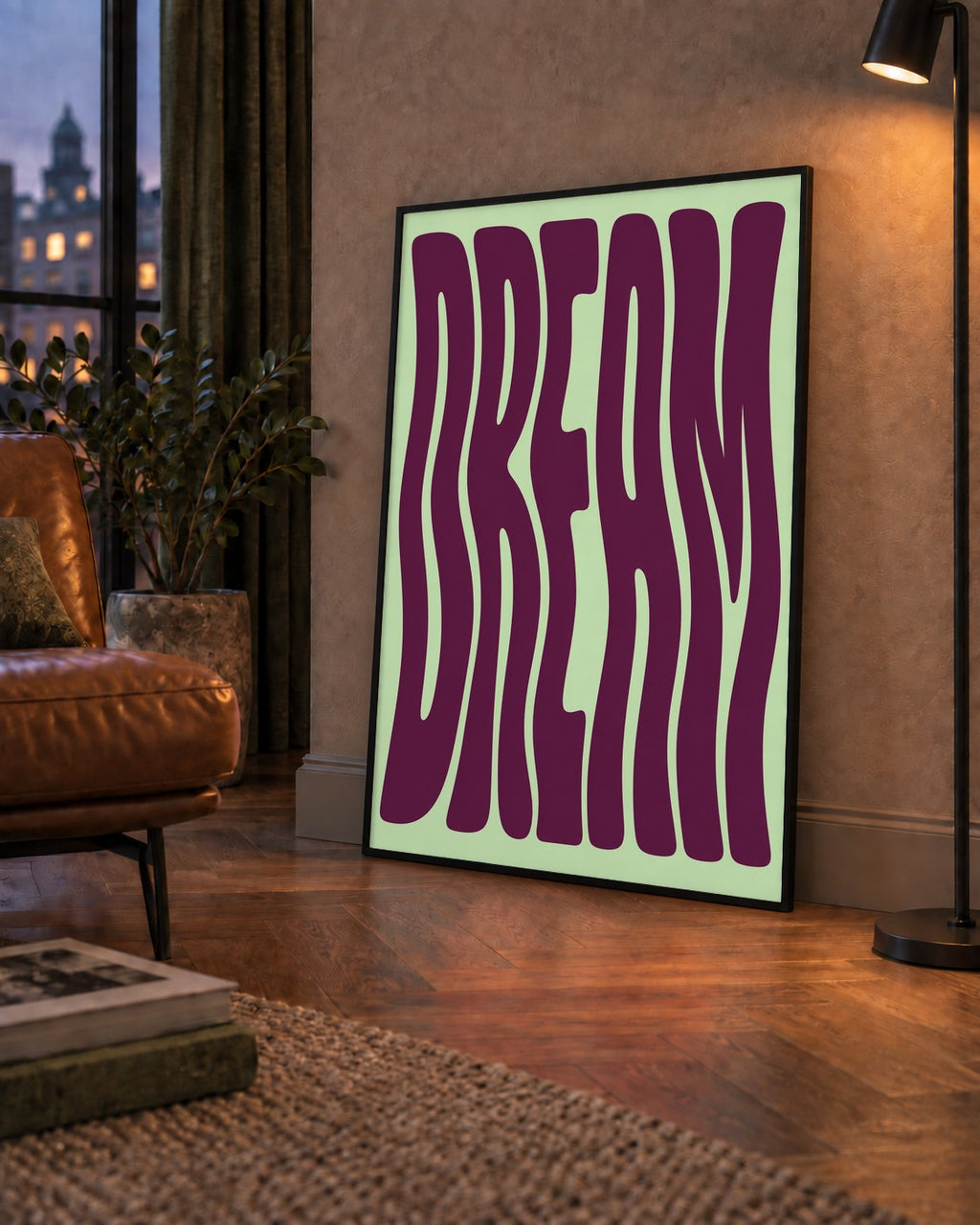 Retro Psychedelic DREAM Yazılı Modern Poster, Büyük Boy — çerçeveli hâliyle bir ev duvarında