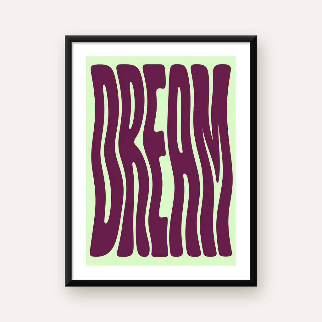 Retro Psychedelic DREAM Yazılı Modern Poster, Büyük Boy — Dikey baskı, beyaz paspartulu