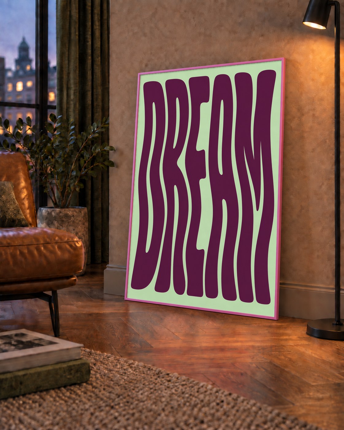 Retro Psychedelic DREAM Yazılı Modern Poster, Büyük Boy — çerçeveli hâliyle bir ev duvarında
