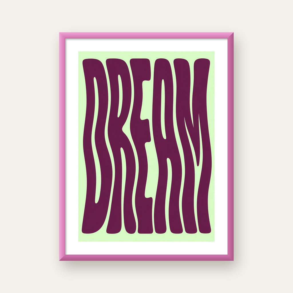 Retro Psychedelic DREAM Yazılı Modern Poster, Büyük Boy — pembe çerçeveli paspartulu