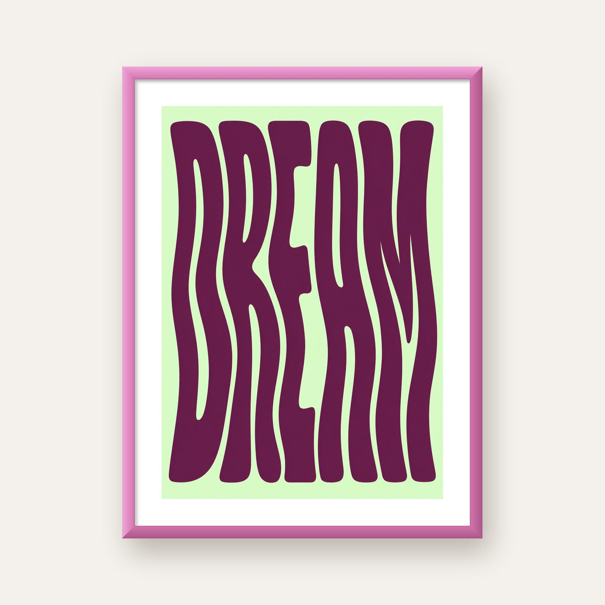 Retro Psychedelic DREAM Yazılı Modern Poster, Büyük Boy — pembe çerçeveli paspartulu
