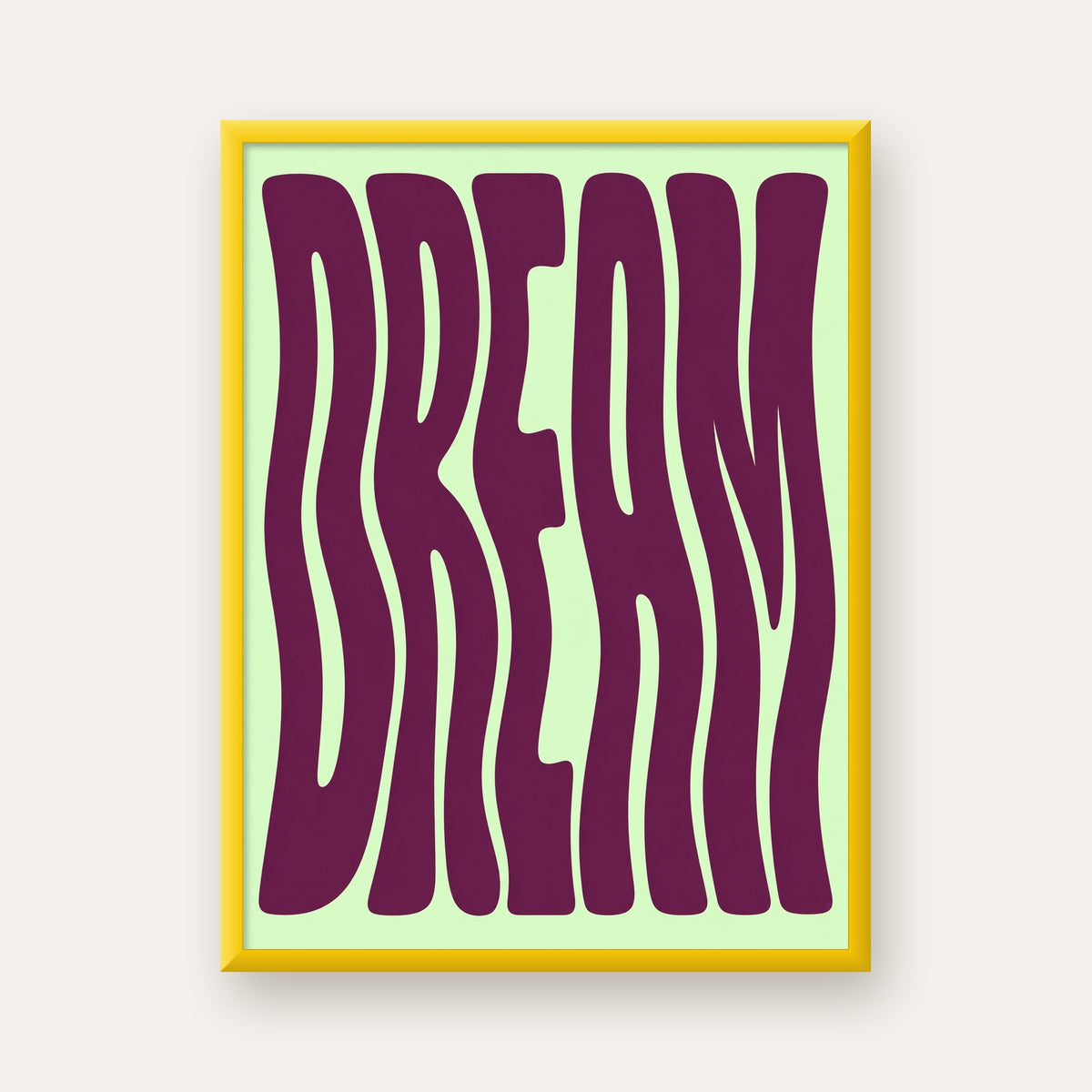 Retro Psychedelic DREAM Yazılı Modern Poster, Büyük Boy — sarı çerçeveli