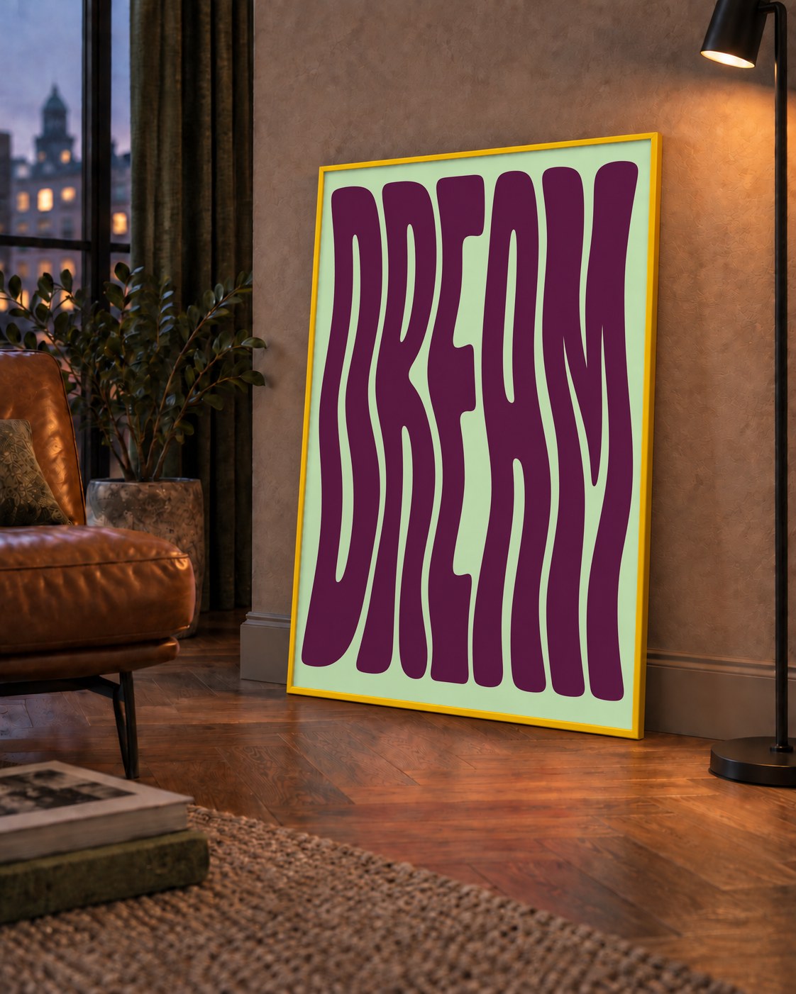 Retro Psychedelic DREAM Yazılı Modern Poster, Büyük Boy — çerçeveli hâliyle bir ev duvarında