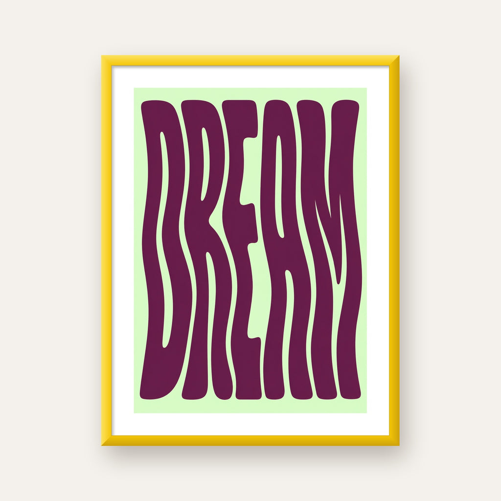 Retro Psychedelic DREAM Yazılı Modern Poster, Büyük Boy — sarı çerçeveli paspartulu