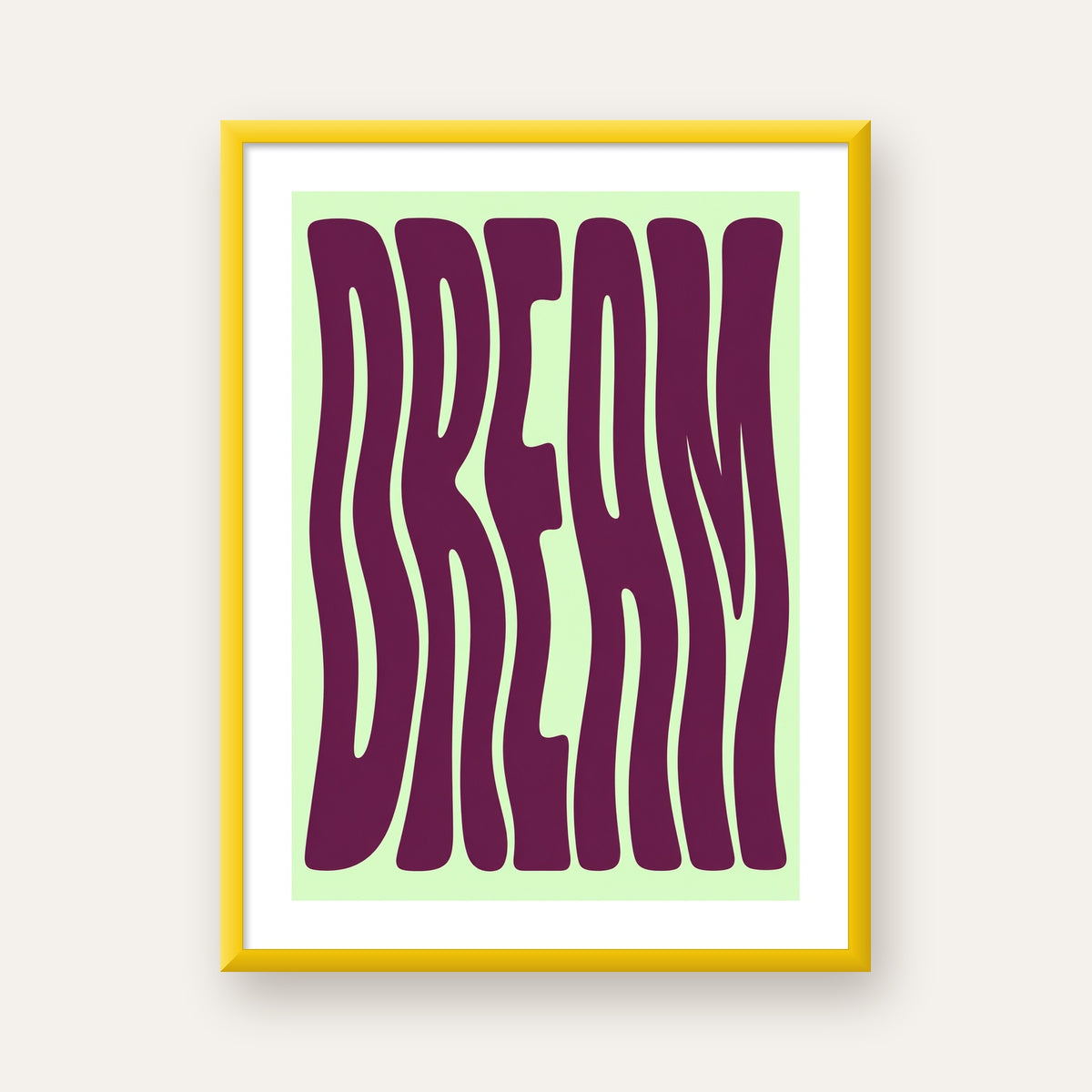 Retro Psychedelic DREAM Yazılı Modern Poster, Büyük Boy — sarı çerçeveli paspartulu